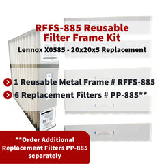 Lennox / Healthy Climate X0585 - 20x20x5 Reusable Filter Frame Kit - Includes Lifetime Reusable Frame MODEL # RFFS 885 and 6 Replacement Filters PART # PP-885 MERV 11. Made by FurnaceFilters.Ca