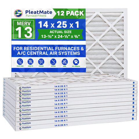 14x25x1 Furnace Filter - MERV 13 Pleated Filters. Case of 12