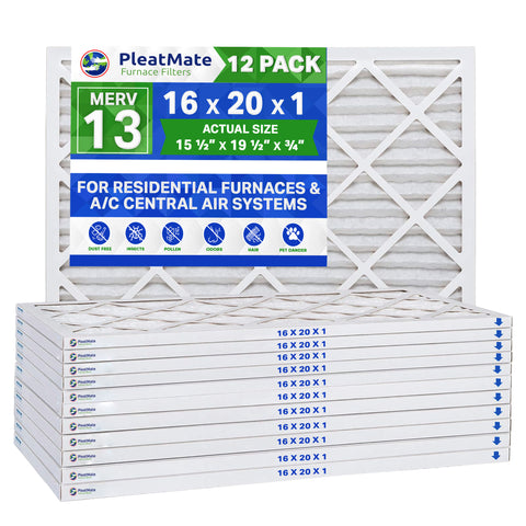 16x20x1 Furnace Filter - MERV 13 Pleated Filters. Case of 12