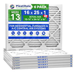 16x25x1 MERV 13 Furnace Air Filter, Pleated Material. Case of 6