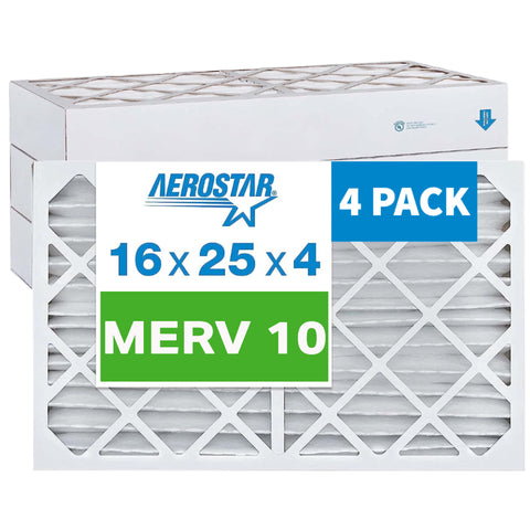 Aerostar 16x25x4 MERV 10 Furnace and A/C Air Filter. Actual/Exact Size: 15 1/2 x 24 1/2 x 3 5/8 Inches. Case of 4