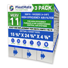 Clean Comfort 16x25 MERV 11 Replacement Part # AMP-11-1625-45. Actual Size Written on Filter 16" x 25" x 4.5" Actual Measured Size 15 3/4" x 24 3/4" x 4 3/8." Case of 3. Made by Furnace Filters.Ca