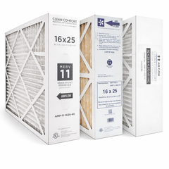 Clean Comfort 16x25 MERV 11 Part # AMP-11-1625-45. Actual Size Written on Filter 16" x 25" x 4.5" Actual Measured Size 15 3/4" x 24 3/4" x 4 3/8". Case of 3