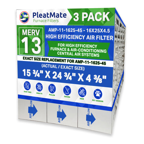 Clean Comfort 16x25 MERV 13 Part # AMP-11-1625-45. Actual Size 16" x 25" x 4.5" Case of 3. Made by Furnace Filters.Ca