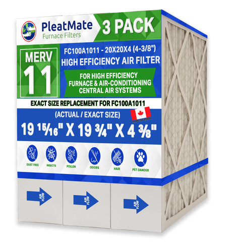 Honeywell 20x20x4 Furnace Filter Model # FC100A1011 MERV 11 Generic / Aftermarket. Actual Size 19 15/16" x 19 3/4" x 4 3/8." Case of 3 Made in Canada by FurnaceFilters.Ca