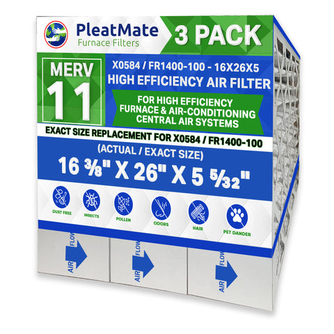White Rodgers FR1400-100 16x26x5 Actual Size 16 1/4" x 26" x 5" MERV 11. Case of 3 Made in Canada by FurnaceFilters.Ca