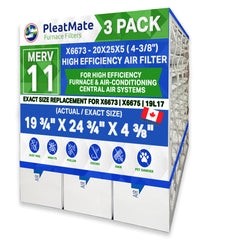 Lennox X6673 20 x 25 x 5 Replacement MERV 11. Actual Size 19 3/4" x 24 3/4" x 4 3/8." Made in Canada by Furnace Filters.Ca Pkg. of 3