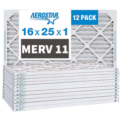 Aerostar 16x25x1 MERV 11 Pleated Furnace Air Filters. Case of 12
