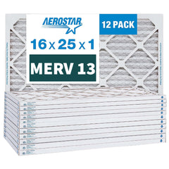 Aerostar 16x25x1 MERV 13 Pleated Furnace Air Filters. Case of 12