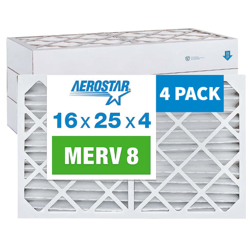 Aerostar 16x25x4 MERV 8 Furnace and A/C Air Filter. Actual/Exact Size: 15 1/2 x 24 1/2 x 3 5/8 Inches. Case of 4