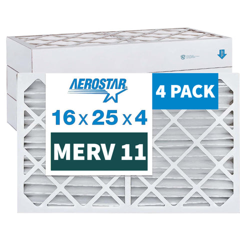 Aerostar 16x25x4 MERV 11 Furnace and A/C Air Filter. Actual/Exact Size: 15 1/2 x 24 1/2 x 3 5/8 Inches. Case of 4