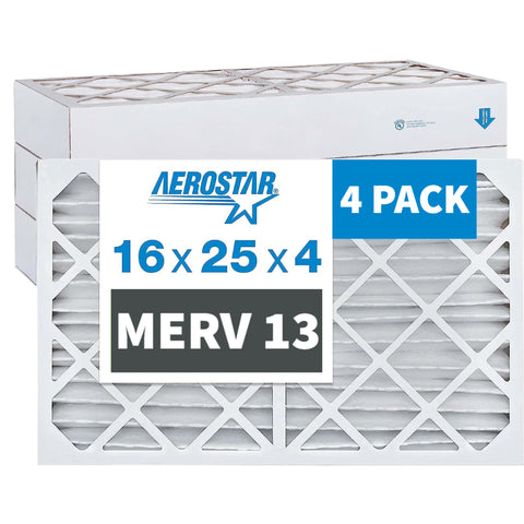 Aerostar 16x25x4 MERV 13 Furnace and A/C Air Filter. Actual/Exact Size: 15 1/2 x 24 1/2 x 3 5/8 Inches. Case of 4