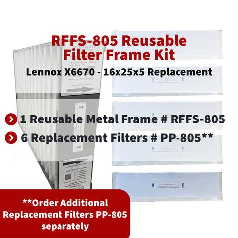 Lennox X6670 16x25x5 Reusable Filter Frame Kit - Includes Lifetime Reusable Frame MODEL # RFFS 805 and 6 Replacement Filters PART # PP-805 MERV 11. Made by FurnaceFilters.Ca