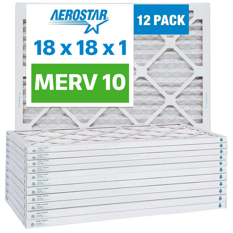 Aerostar 18x18x1 Furnace Filter MERV 10 Pleated Filters. Case of 12