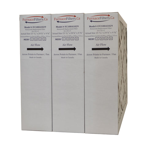 Honeywell 16x25x4 3/8 Model # FC100A1029 MERV 11. Actual Size 15 15/16" x 24 7/8" x 4 3/8." Case of 3 Made by Furnace Filters.Ca