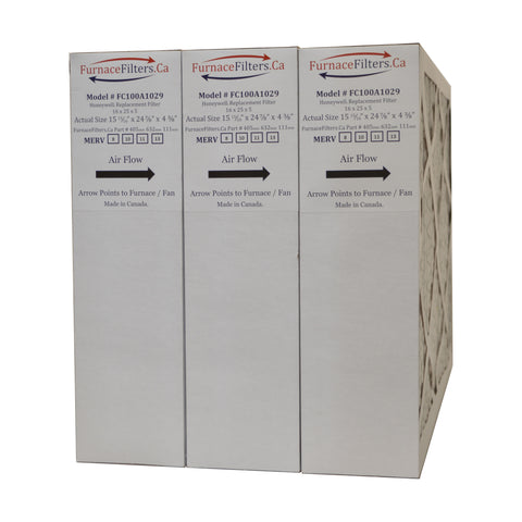 Honeywell 16x25x4 Model # FC100A1029 MERV 8. Actual Size 15 15/16" x 24 7/8" x 4 3/8." Case of 3 Generic