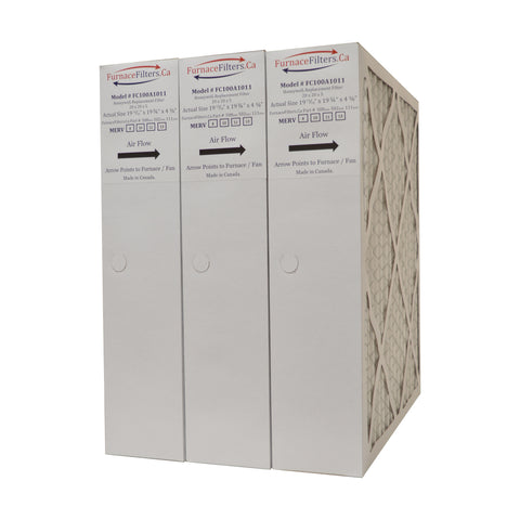Honeywell 20x20x4 Furnace Filter Model # FC100A1011 MERV 11 Generic / Aftermarket. Actual Size 19 15/16" x 19 3/4" x 4 3/8." Case of 3 Made in Canada by FurnaceFilters.Ca