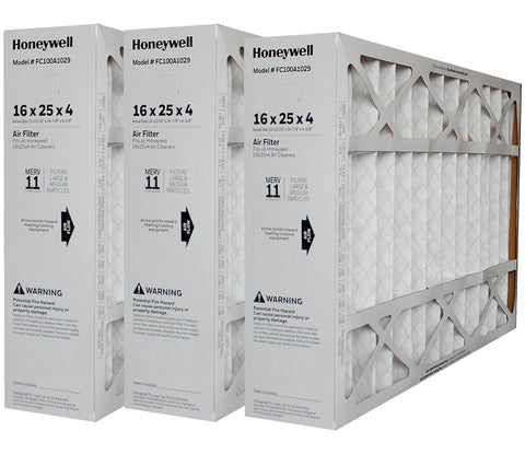 Honeywell 16x25x4 MERV 11 Model # FC100A1029 Genuine Original. Actual Size 15 15/16" x 24 7/8" x 4 3/8". Case of 3.