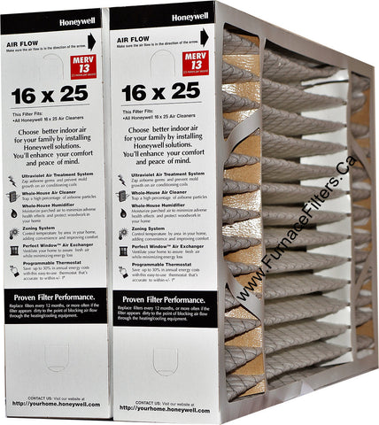 Honeywell 16x25x4 Furnace Filter Model # FC200E1029 MERV 13. Actual Size 15 15/16" x 24 7/8" x 4 3/8" Package of 2.